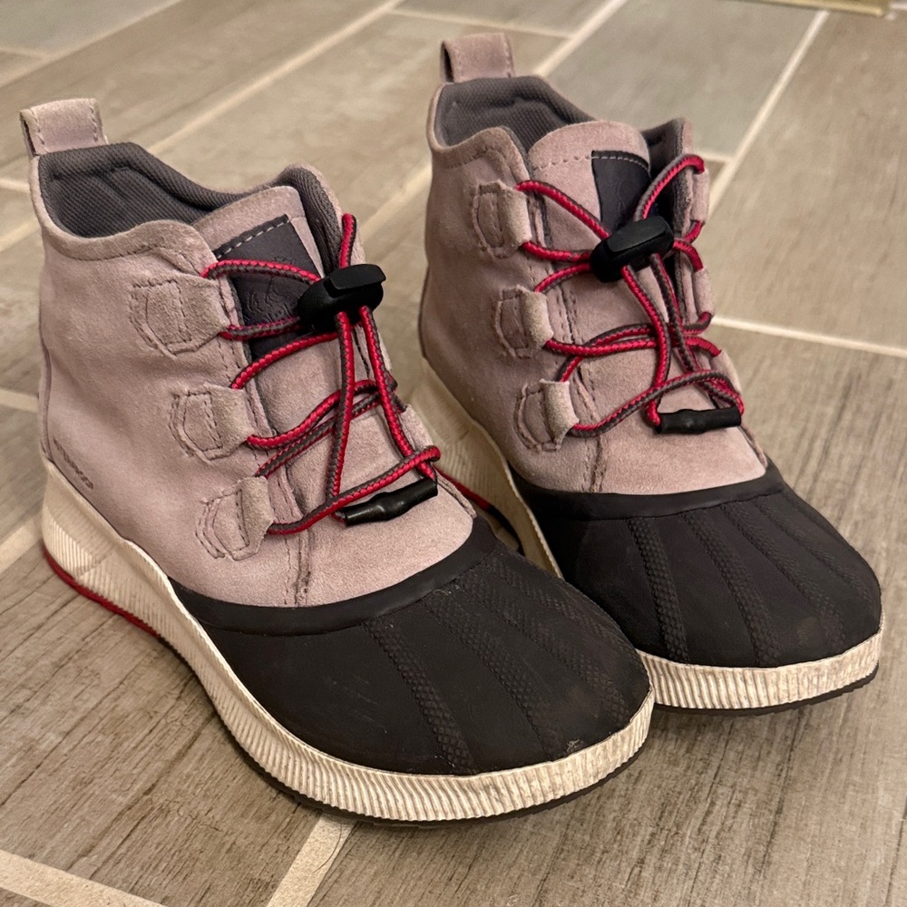 Sorel Kids Lavender/Gray Boots with Red Accents